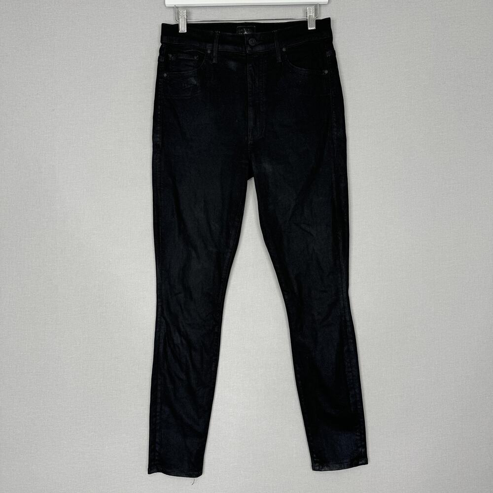 Mother Jeans Womens 30 Black The Swooner Ankle Wet Paint Coated Skinny Grunge‎